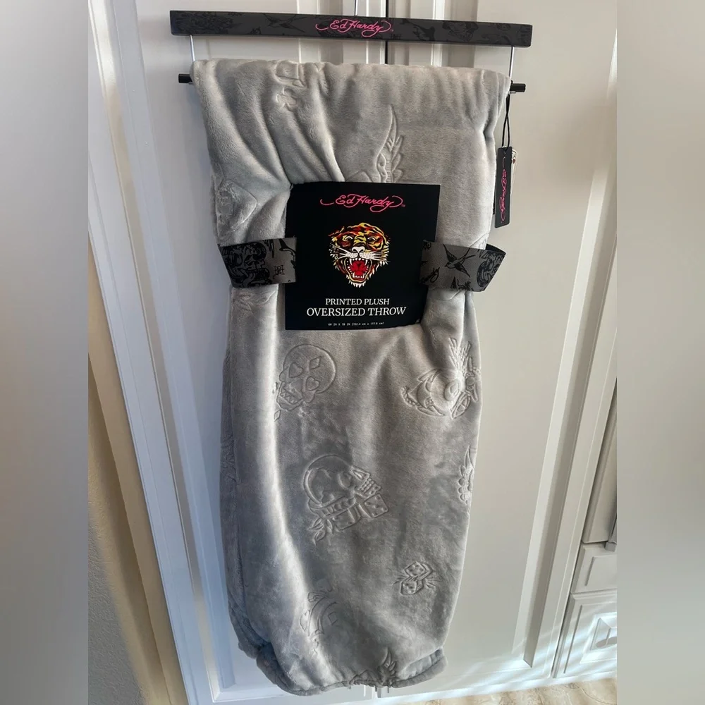 Ed Hardy Grey Plush Throw Blanket